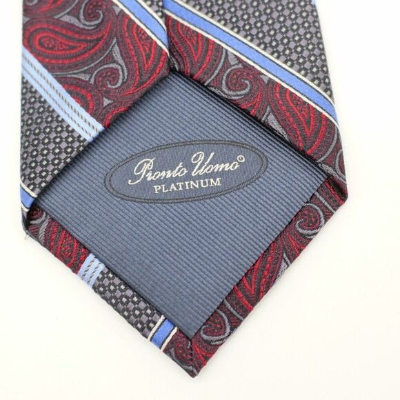 Pronto Uomo Red Gray Blue‎ Striped Paisley Striped Geometric Woven Long Silk Tie - Picture 4 of 7